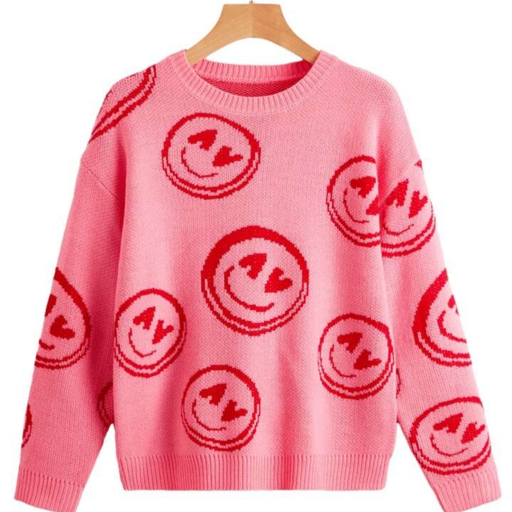 SHEIN Vibrant Pink Sweater with Red Smiley Design